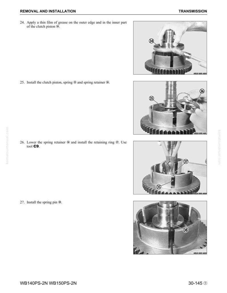 May include: A page from a manual detailing transmission removal and installation steps. The images show close-ups of mechanical components, including a clutch piston, spring, and retaining ring. Text instructions accompany each step, with tool references.