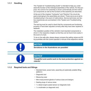 May include: A page from a system manual titled "Introduction" and "Notes on the system manual." The manual details handling procedures and required tools, with warnings about illustration deviations and careful work.