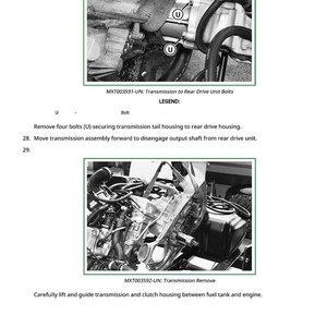 May include: Black and white images of vehicle engine components. The first image shows bolts labeled "U" securing a transmission tail housing. The second image shows the transmission being removed. Text includes instructions and part numbers.