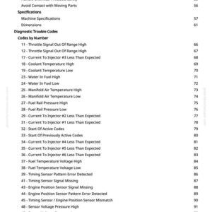 May include: A white page with black text detailing diagnostic trouble codes and specifications. The text includes warnings like "Avoid Fires" and lists codes such as "Throttle Signal Out Of Range High."
