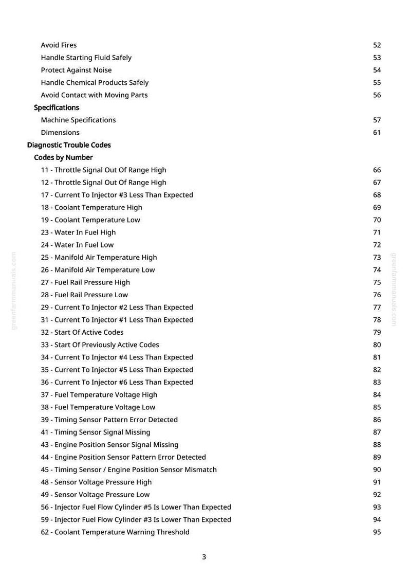 May include: A white page with black text detailing diagnostic trouble codes and specifications. The text includes warnings like "Avoid Fires" and lists codes such as "Throttle Signal Out Of Range High."