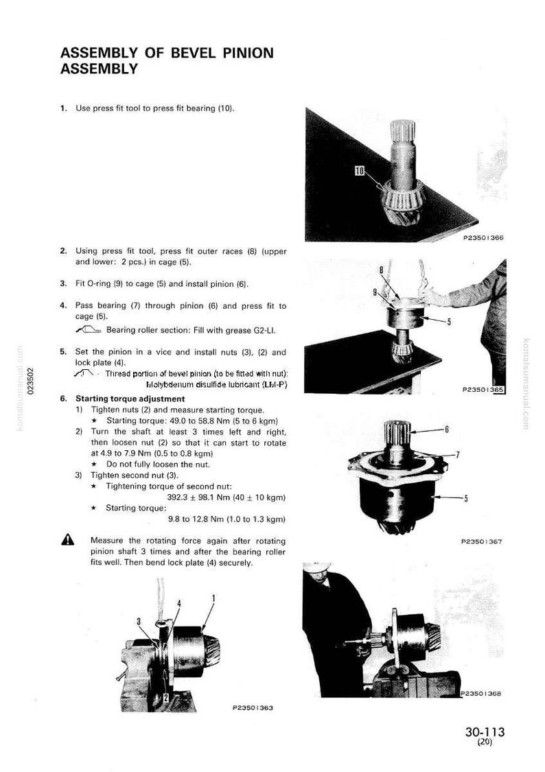 Puede incluir: Diagrama de montaje del pi&ntilde;&oacute;n c&oacute;nico, con piezas numeradas e instrucciones. Incluye im&aacute;genes del proceso de montaje, con medidas en Newton-metros y kilogramos-fuerza metros. El texto incluye especificaciones de par de arranque.