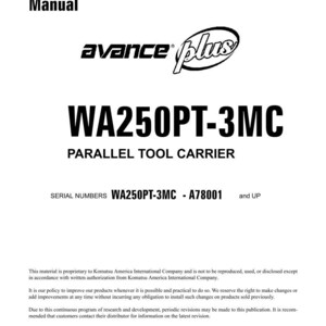 Puede incluir: Una portada de manual de taller blanca con el texto "Shop Manual" en la parte superior. El manual presenta el logotipo "avance plus" y el texto "WA250PT-3MC PARALLEL TOOL CARRIER". Se enumeran los n&uacute;meros de serie. Copyright 2001.