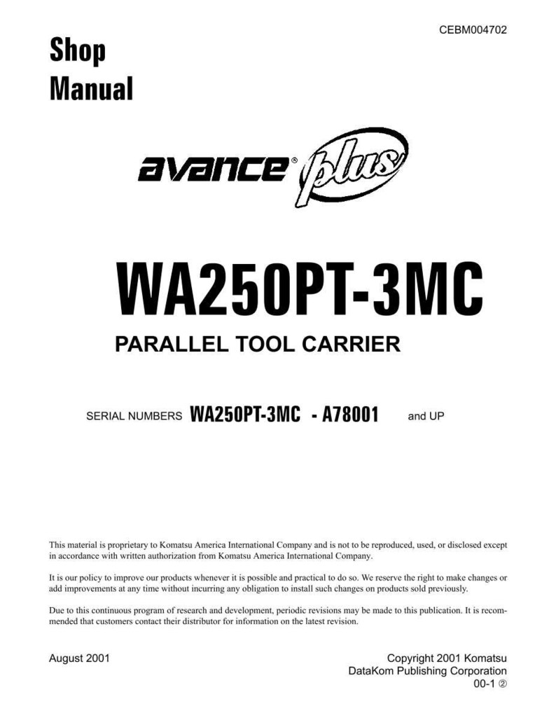 Puede incluir: Una portada de manual de taller blanca con el texto "Shop Manual" en la parte superior. El manual presenta el logotipo "avance plus" y el texto "WA250PT-3MC PARALLEL TOOL CARRIER". Se enumeran los n&uacute;meros de serie. Copyright 2001.