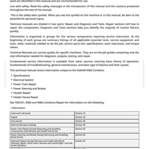 May include: A technical manual page with the title "Foreword". The page contains text about safety, technical instructions, and a table of contents for a SideHill 9560 Combine. The manual is for experienced technicians.
