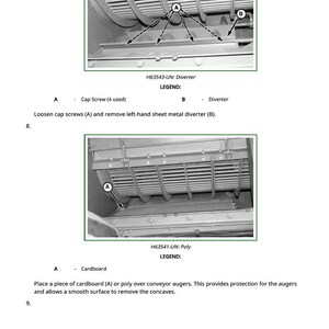 May include: Diagrams showing mechanical components with labels. The first diagram shows a diverter with cap screws and the text "H63543-UN: Diverter". The second diagram shows a cardboard component with the text "H63541-UN: Poly". Instructions are included.