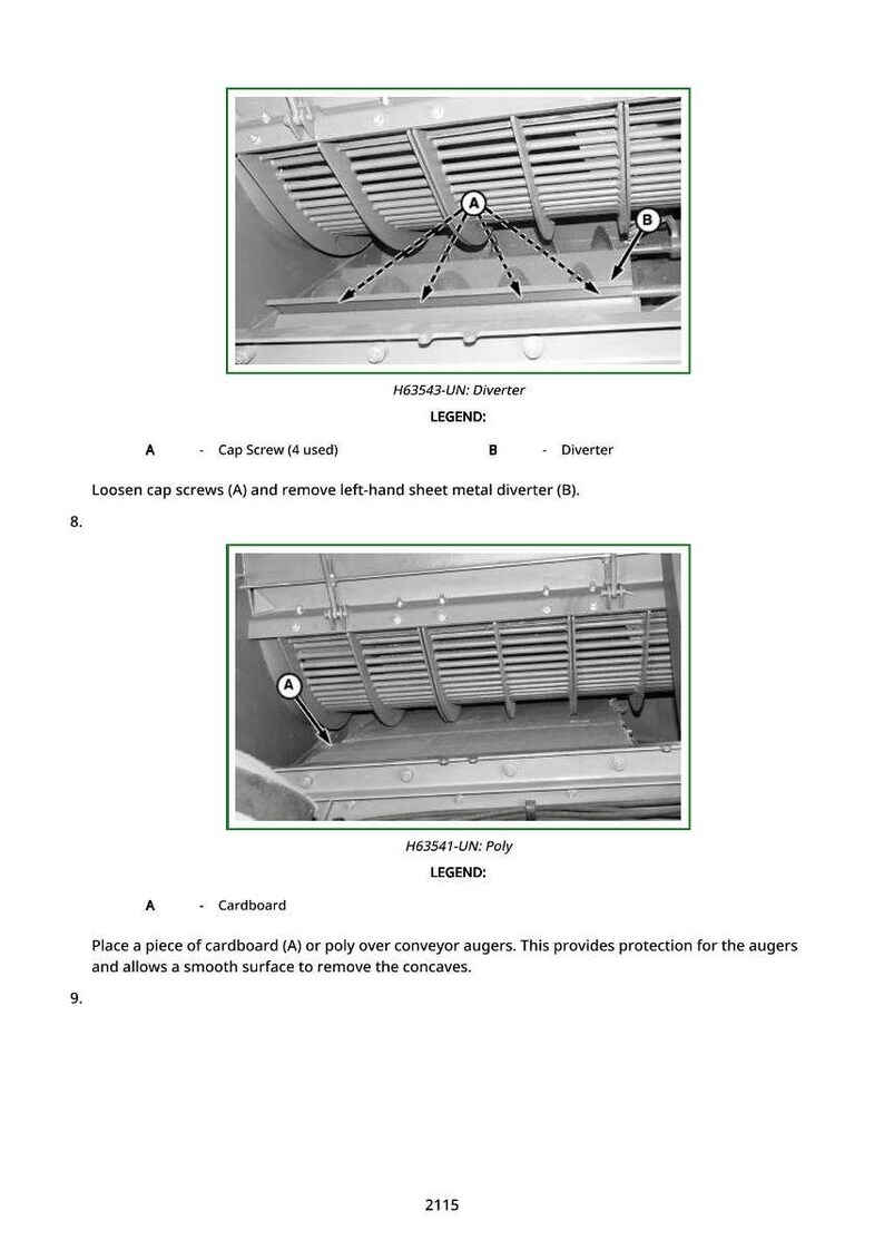 May include: Diagrams showing mechanical components with labels. The first diagram shows a diverter with cap screws and the text "H63543-UN: Diverter". The second diagram shows a cardboard component with the text "H63541-UN: Poly". Instructions are included.