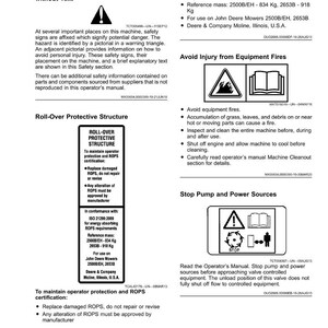 May include: A white document detailing safety information, including warnings about equipment fires and roll-over protective structures. It also provides instructions on stopping pump and power sources.