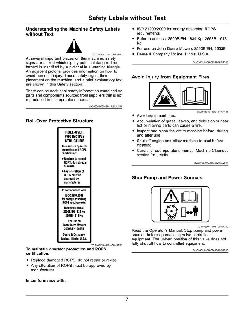 May include: A white document detailing safety information, including warnings about equipment fires and roll-over protective structures. It also provides instructions on stopping pump and power sources.