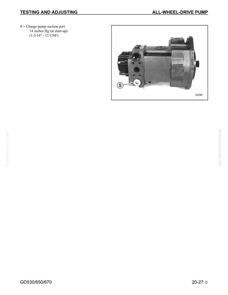 May include: Diagram of an all-wheel-drive pump with the text "TESTING AND ADJUSTING." The image includes a detailed view of the pump, labeled with "S - Charge pump suction port" and measurements in inches. The model number is 15250.