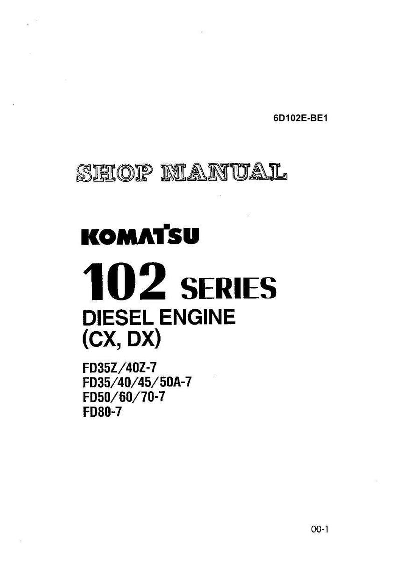 May include: A white shop manual cover with black text. The text includes "SHOP MANUAL", "KOMATSU", "102 SERIES", and "DIESEL ENGINE (CX, DX)". Model numbers are listed below the engine type.