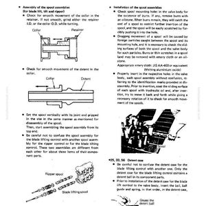 May include: Diagrams and instructions for hydraulic oil tank and control valves. Includes illustrations of spool assemblies, collars, retainers, and detent components. Text includes assembly steps and torque specifications.