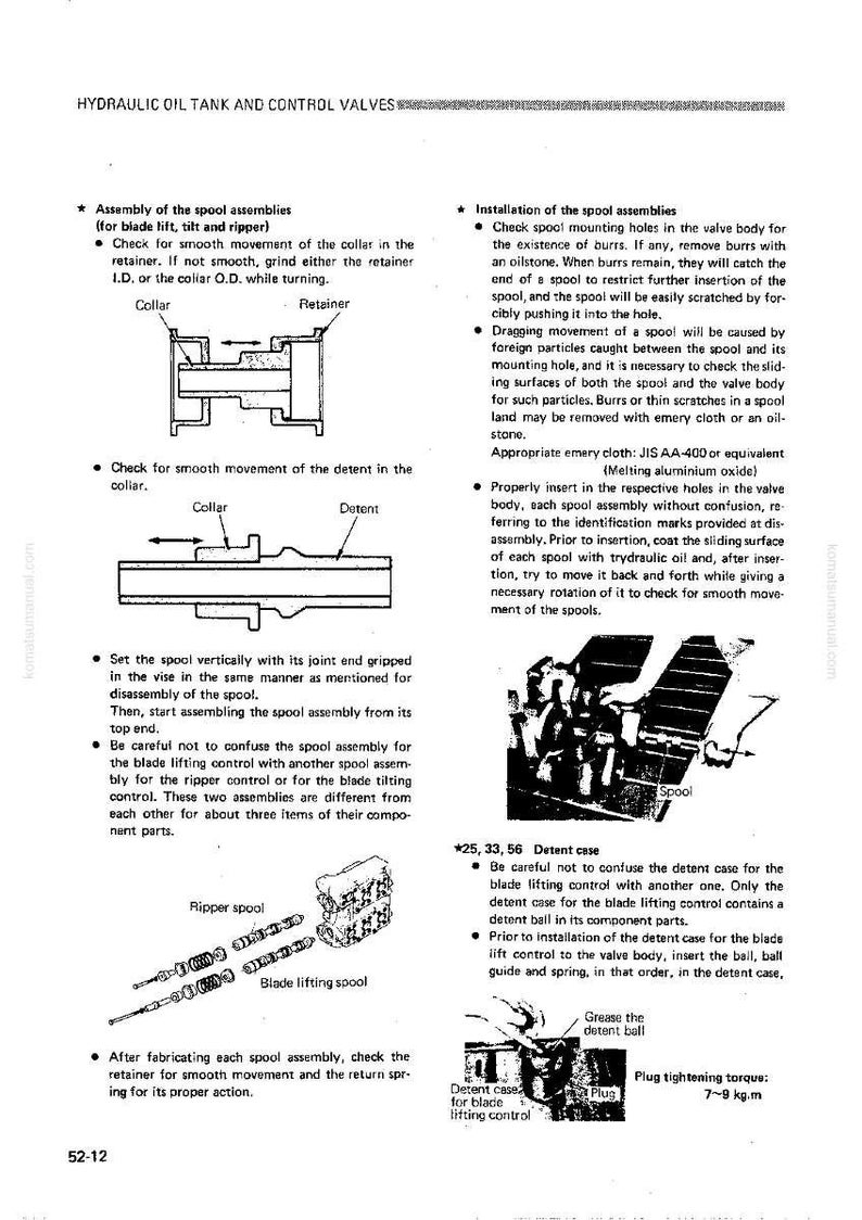 May include: Diagrams and instructions for hydraulic oil tank and control valves. Includes illustrations of spool assemblies, collars, retainers, and detent components. Text includes assembly steps and torque specifications.