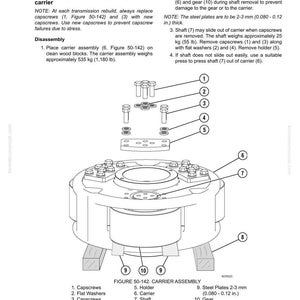 May include: Diagram of a carrier assembly with numbered parts, including capscrews, flat washers, a holder, and a gear. The assembly is supported by wood blocks. Text details disassembly and assembly instructions.