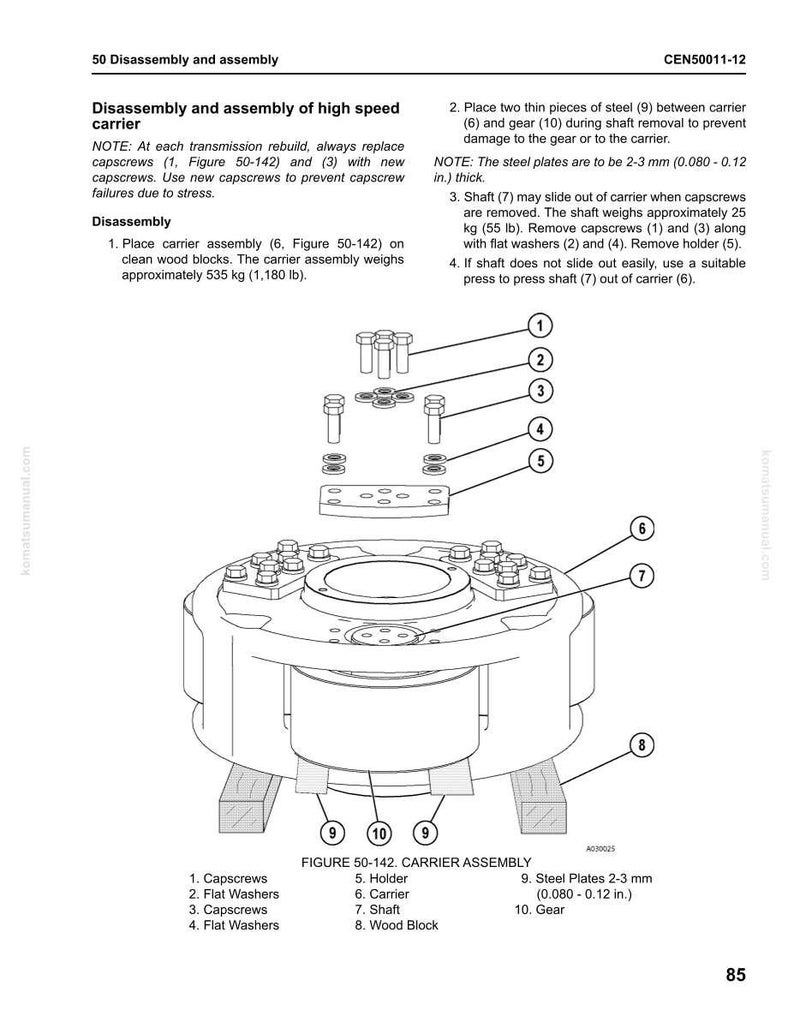 May include: Diagram of a carrier assembly with numbered parts, including capscrews, flat washers, a holder, and a gear. The assembly is supported by wood blocks. Text details disassembly and assembly instructions.