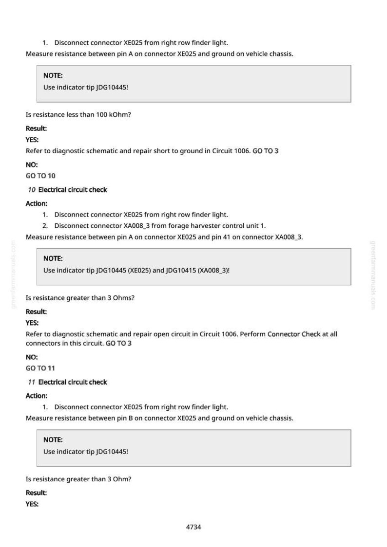 K&ouml;nnte beinhalten: Eine wei&szlig;e Seite mit schwarzem Text, der elektrische Stromkreispr&uuml;fungen detailliert, einschlie&szlig;lich Anweisungen zum Trennen von Steckern und Messen des Widerstands. Der Text enth&auml;lt Notizen mit Indikatorspitzen-Nummern und Ergebnissen wie 'JA' und 'NEIN'.