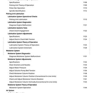 May include: A page from a manual with a white background, featuring a detailed table of contents. The text includes technical terms like "Moistener System," "Lubrication System," and "Air System," along with corresponding page numbers.