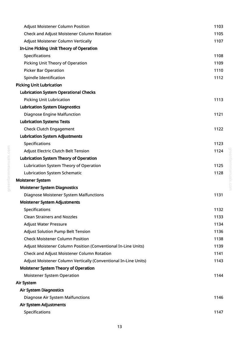 May include: A page from a manual with a white background, featuring a detailed table of contents. The text includes technical terms like "Moistener System," "Lubrication System," and "Air System," along with corresponding page numbers.