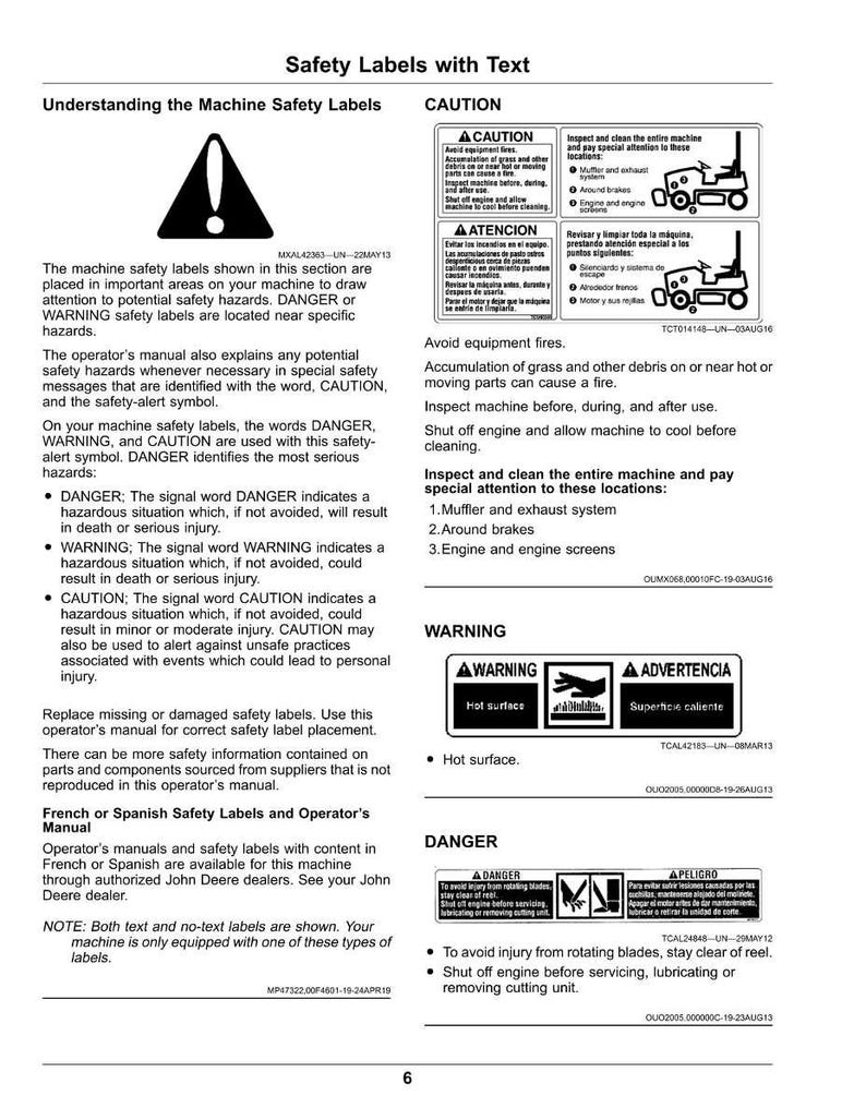 May include: A page from an operator's manual with safety labels and text. The labels include warnings about hot surfaces, potential injuries, and the importance of machine maintenance. The text is in English.