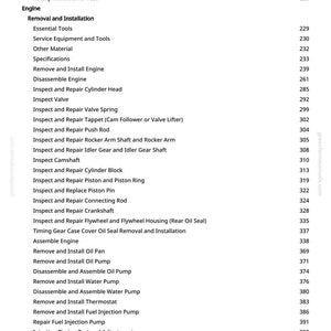 May include: A page from a manual with a list of engine repair procedures, including "Remove and Install Rotary Manifold" and "Inspect and Repair Cylinder Head." The page also includes page numbers.
