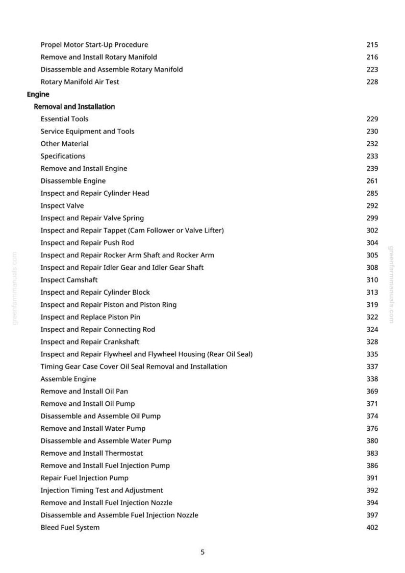 May include: A page from a manual with a list of engine repair procedures, including "Remove and Install Rotary Manifold" and "Inspect and Repair Cylinder Head." The page also includes page numbers.
