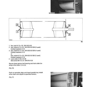 May include: Technical diagram with detailed instructions for machinery assembly. Includes close-up views of components, diagrams with numbered parts, and a person working on the machinery. The text provides assembly steps.