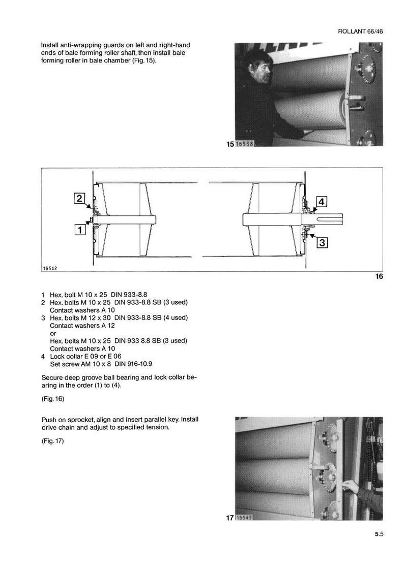 May include: Technical diagram with detailed instructions for machinery assembly. Includes close-up views of components, diagrams with numbered parts, and a person working on the machinery. The text provides assembly steps.