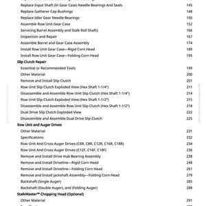 May include: A detailed list of agricultural equipment repair procedures, including instructions for gear case assembly, slip clutch repair, and drive assembly. The text is in black font on a white background, with page numbers on the right.