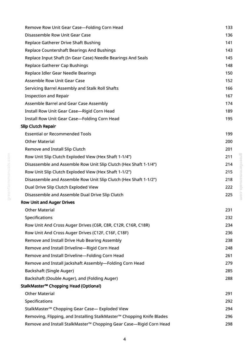 May include: A detailed list of agricultural equipment repair procedures, including instructions for gear case assembly, slip clutch repair, and drive assembly. The text is in black font on a white background, with page numbers on the right.