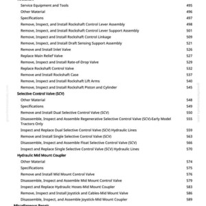 Puede incluir: Una p&aacute;gina del manual de greenfarmmanuals.com, que enumera varios procedimientos de reparaci&oacute;n mec&aacute;nica. El texto incluye instrucciones para componentes hidr&aacute;ulicos, v&aacute;lvulas y acopladores, con los n&uacute;meros de p&aacute;gina correspondientes.