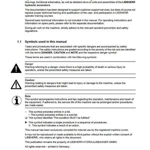 Może przedstawiać: Strona z instrukcji serwisowej zatytułowana &bdquo;Układ instrukcji serwisowej&rdquo;. Zawiera symbole bezpieczeństwa dla niebezpieczeństwa, ostrożności i notatki, z objaśnieniami. Instrukcja jest przeznaczona dla koparek hydraulicznych LIEBHERR.