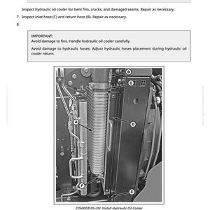 Puede incluir: Diagrama en blanco y negro de la instalaci&oacute;n de un enfriador de aceite hidr&aacute;ulico. La imagen incluye etiquetas para componentes como el enfriador de aire de carga y el clip de retenci&oacute;n. El texto proporciona instrucciones y advertencias.