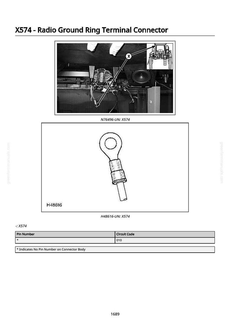 May include: Diagram of an X574 radio ground ring terminal connector. The image includes a detailed illustration of the connector, along with a diagram of the radio components. Text includes "X574 - Radio Ground Ring Terminal Connector" and "H48616".