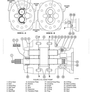 May include: Detailed diagram of a hoist pump, labeled with various components. The diagram includes views A-A and B-B, showing internal parts like gears, rings, and plates. Text at the bottom reads "Hydraulic Component Repair."