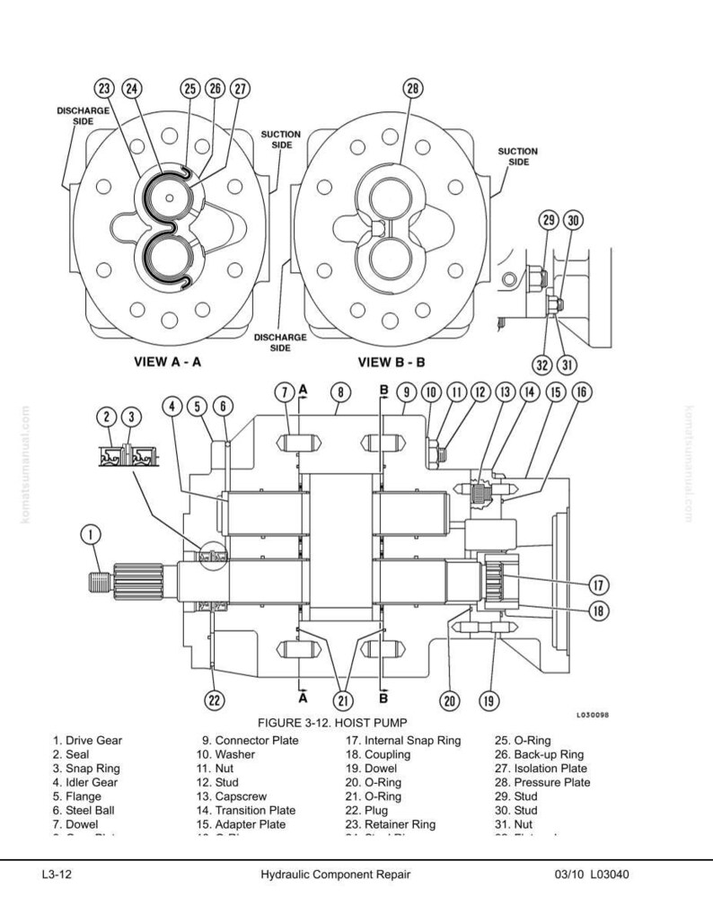 May include: Detailed diagram of a hoist pump, labeled with various components. The diagram includes views A-A and B-B, showing internal parts like gears, rings, and plates. Text at the bottom reads "Hydraulic Component Repair."