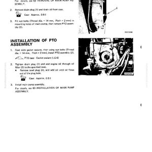 K&ouml;nnte beinhalten: Eine Seite aus einem Handbuch mit Anweisungen zum Aus- und Einbau einer PTO-Baugruppe. Der Text enth&auml;lt Schritte, Diagramme und Ma&szlig;e. Das Bild zeigt Nahaufnahmen der PTO-Baugruppe und zugeh&ouml;riger Komponenten.