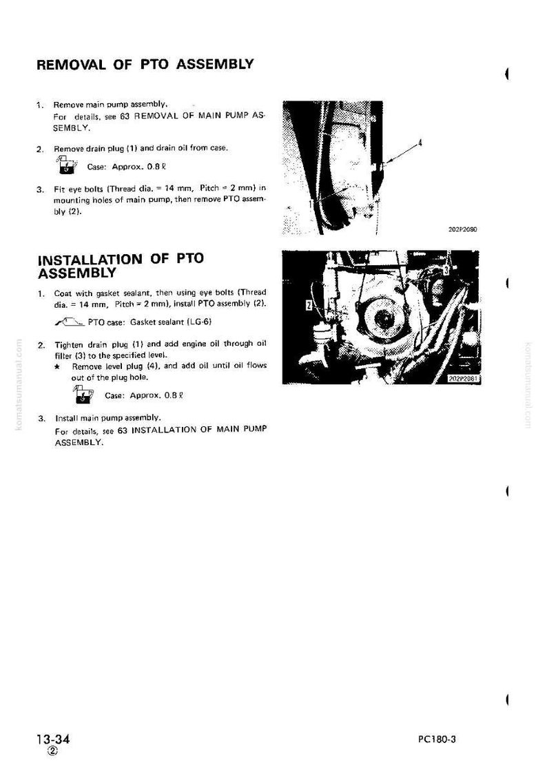 K&ouml;nnte beinhalten: Eine Seite aus einem Handbuch mit Anweisungen zum Aus- und Einbau einer PTO-Baugruppe. Der Text enth&auml;lt Schritte, Diagramme und Ma&szlig;e. Das Bild zeigt Nahaufnahmen der PTO-Baugruppe und zugeh&ouml;riger Komponenten.