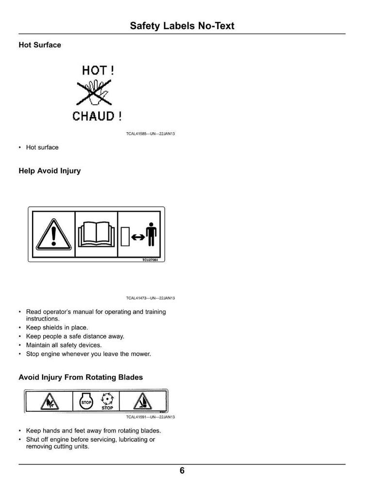 May include: White page with safety labels and warnings. Includes symbols for hot surface, reading the operator's manual, and avoiding injury from rotating blades. Text in English and French.