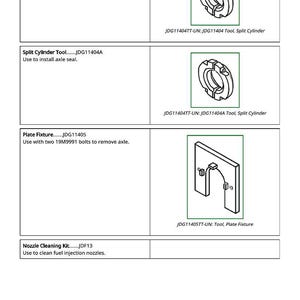 May include: Diagrams of automotive tools, including a split cylinder tool and a plate fixture. The tools are labeled with part numbers and descriptions for installing axle seals and removing axles. The image also includes a nozzle cleaning kit.