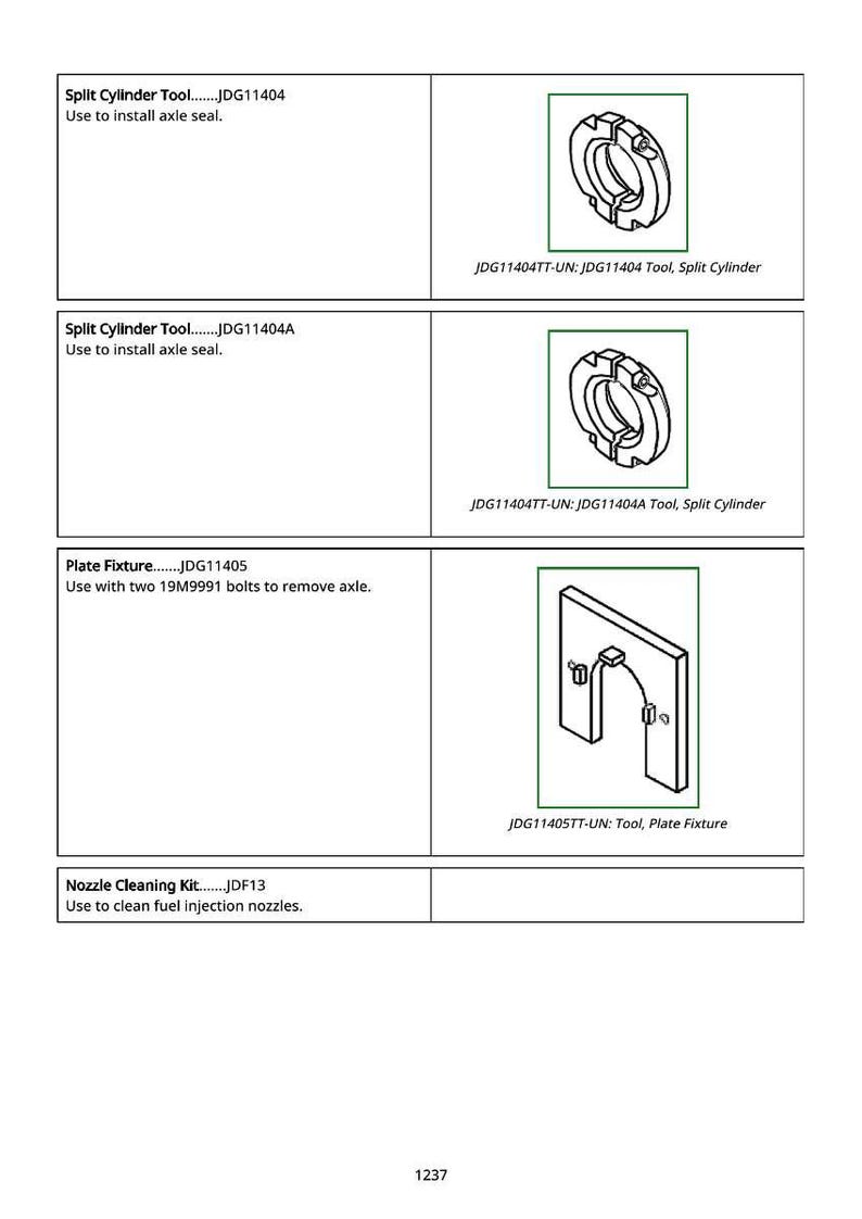 May include: Diagrams of automotive tools, including a split cylinder tool and a plate fixture. The tools are labeled with part numbers and descriptions for installing axle seals and removing axles. The image also includes a nozzle cleaning kit.