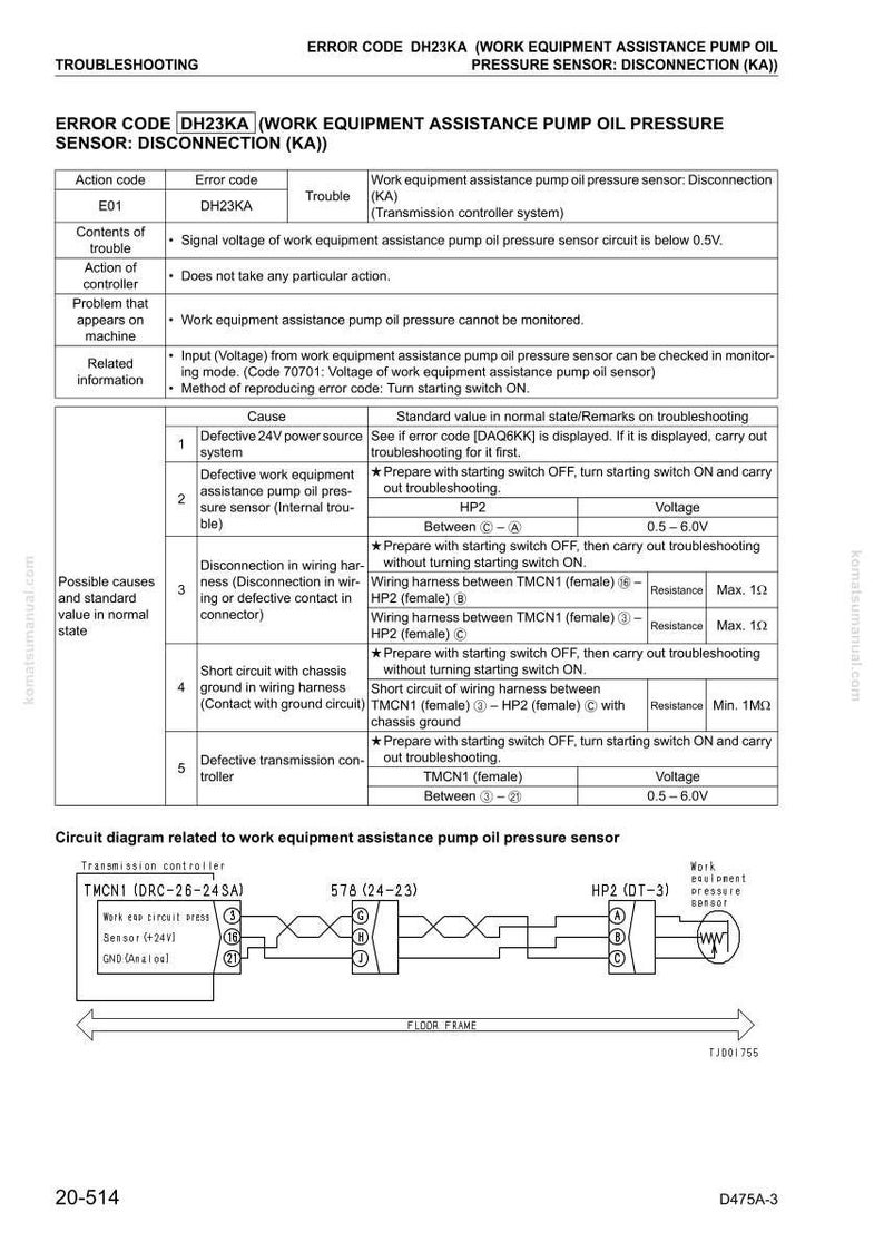 May include: A troubleshooting guide for a work equipment assistance pump oil pressure sensor, displaying error code DH23KA. The document includes a table detailing action codes, error codes, and potential causes, along with a circuit diagram.