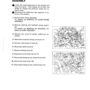 May include: A manual page detailing the "REMOVAL OF HST PUMP ASSEMBLY." It features instructions, diagrams, and numbered steps for dismantling. The diagrams illustrate the internal components of a machine, with labels.