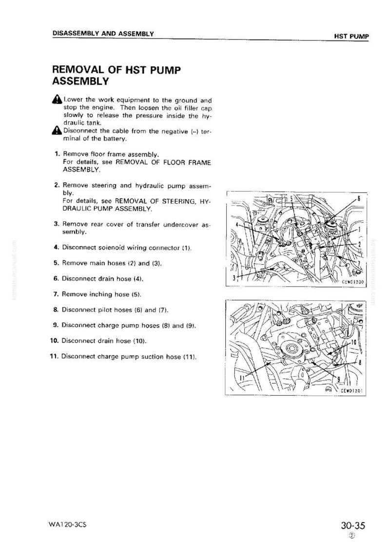 May include: A manual page detailing the "REMOVAL OF HST PUMP ASSEMBLY." It features instructions, diagrams, and numbered steps for dismantling. The diagrams illustrate the internal components of a machine, with labels.