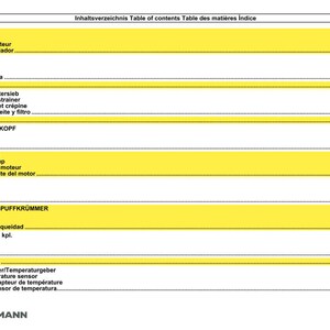 May include: A table of contents in English, German, French, and Spanish. The document lists various engine components, including the fan blade, water pump, oil sump, and starter. The page numbers are on the right.