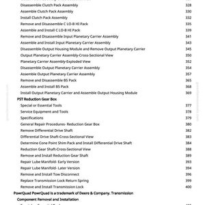 May include: A white page with a list of automotive repair procedures, including "Install Transmission Front Cover" and "Remove Clutch Pack Assembly." The page also includes a trademark notice for PowrQuad by Deere & Company.
