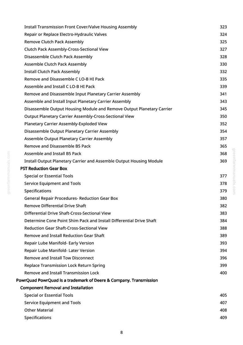 May include: A white page with a list of automotive repair procedures, including "Install Transmission Front Cover" and "Remove Clutch Pack Assembly." The page also includes a trademark notice for PowrQuad by Deere & Company.