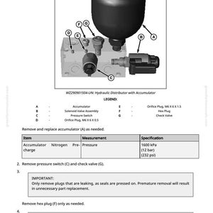 May include: Diagram of a hydraulic distributor with an accumulator, solenoid valve assembly, and pressure switch. Includes a legend with labeled components and specifications for nitrogen pre-pressure charge at 1600 kPa (12 bar / 232 psi).