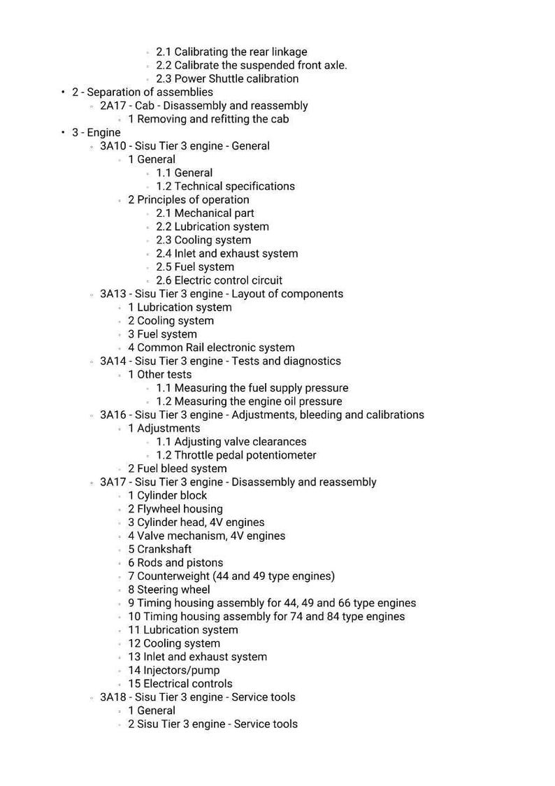 May include: A detailed technical document with a list of engine components and procedures. The document includes sections on engine disassembly, adjustments, and diagnostics. The text is in black font on a white background.