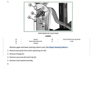 Puede incluir: Diagrama de un conjunto de pedal de embrague con las piezas etiquetadas de la A a la E. La imagen incluye un resorte, un brazo de accionamiento del embrague, un varillaje, un tornillo de tapa y un clip en E. El texto en la parte superior dice "Reparar pedales de embrague y freno."