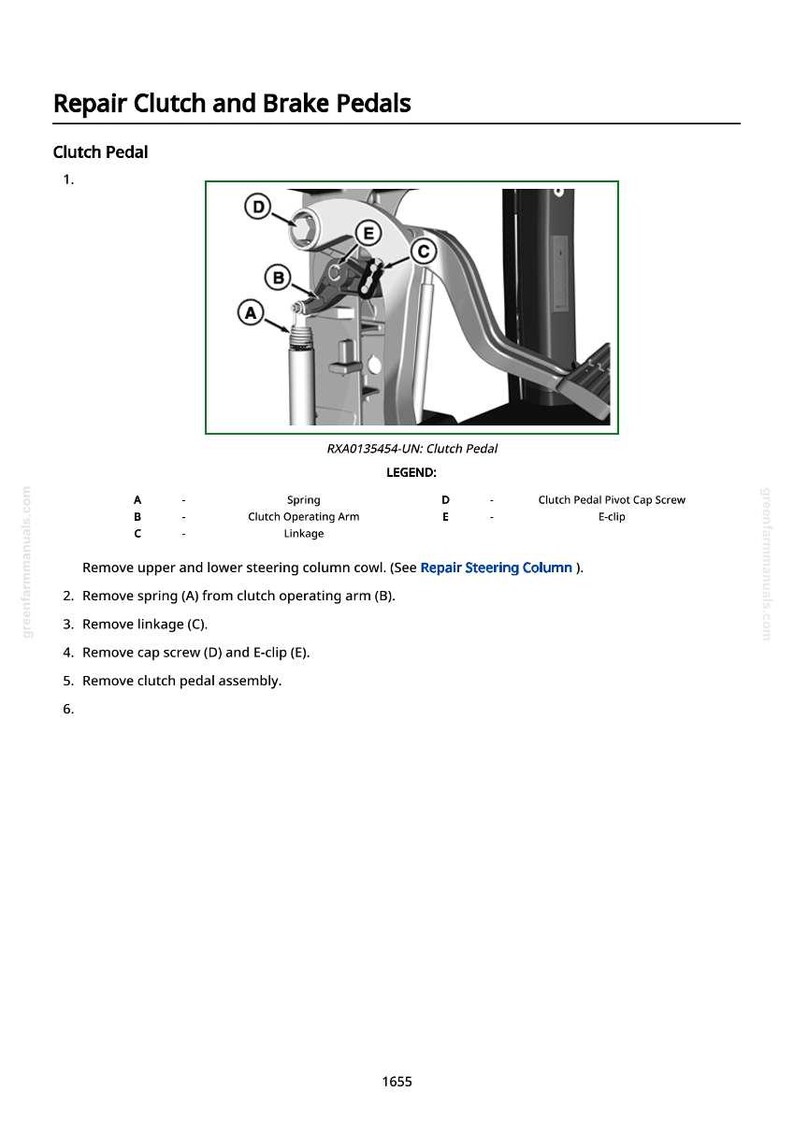Puede incluir: Diagrama de un conjunto de pedal de embrague con las piezas etiquetadas de la A a la E. La imagen incluye un resorte, un brazo de accionamiento del embrague, un varillaje, un tornillo de tapa y un clip en E. El texto en la parte superior dice "Reparar pedales de embrague y freno."